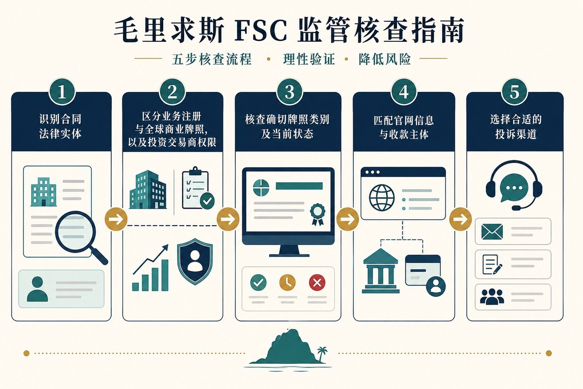 毛里求斯FSC法律实体GBL投资交易商许可网站与投诉路径核验流程图