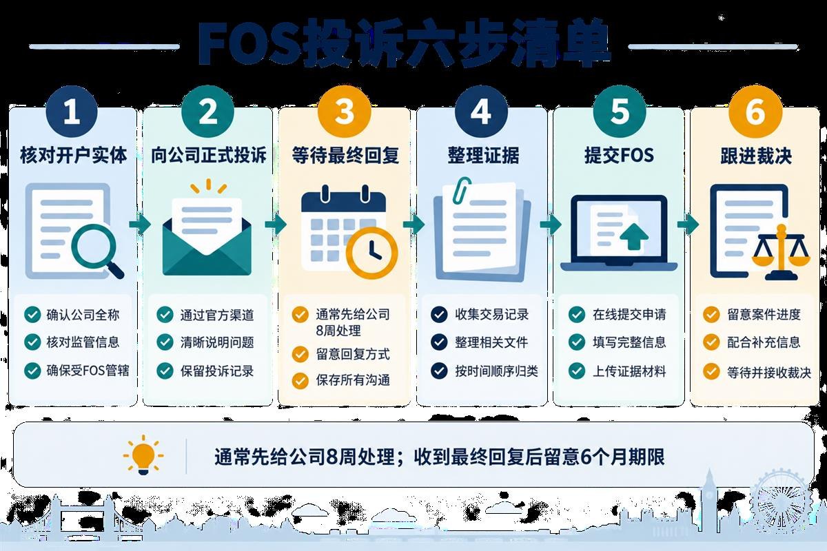 英国FOS投诉核对实体正式投诉等待回复整理证据提交与跟进六步清单