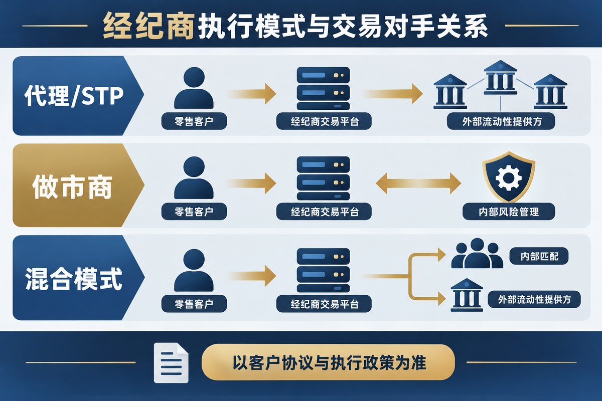 代理STP做市商和混合模式下经纪商执行与交易对手关系示意图